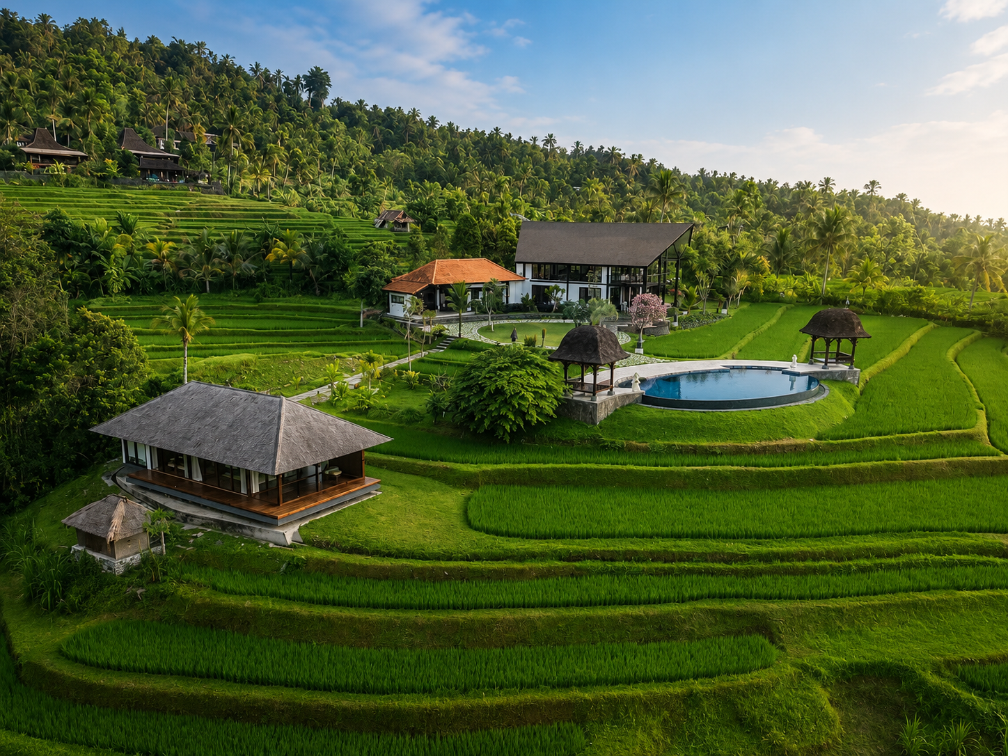 Aerial view of Meadow Hills Villa surrounded by Bali rice terraces